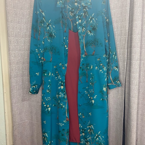 Vintage Leslie Fay Tropical Palm Tree Print Long Sleeve Shirt Dress Duster 16P - Picture 2 of 13